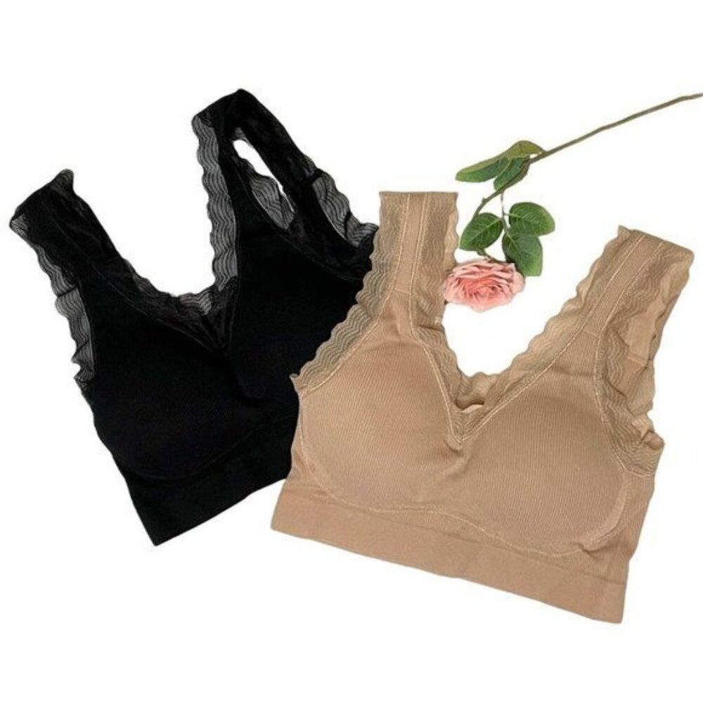 Rhonda Shear 2pk Forever Stretch Ahh Ribbed Knit Bra w/Lace Trim SMALL